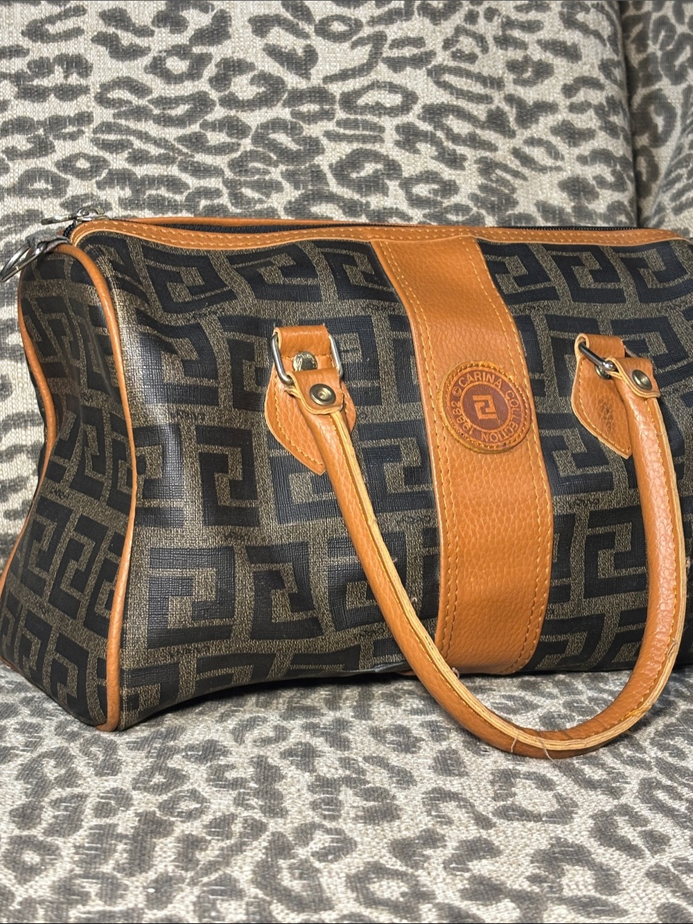 Vintage Carina Italian designer tan logo print speedy Boston style satchel purse